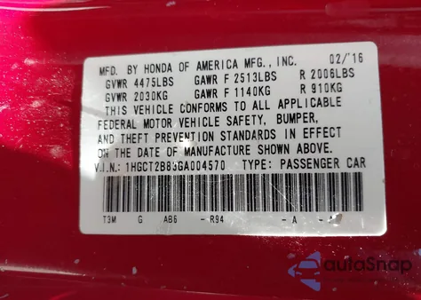 2016 Honda Accord Ex-L V-6 z USA, uszkodzony, nr VIN 1HGCT2B83GA004570